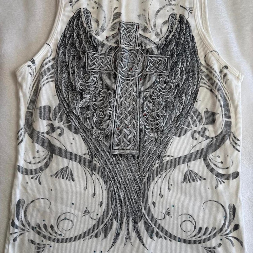 Angel wing cross graphic rhinestone tank top y2k vintage grunge skater - Picture 4 of 6